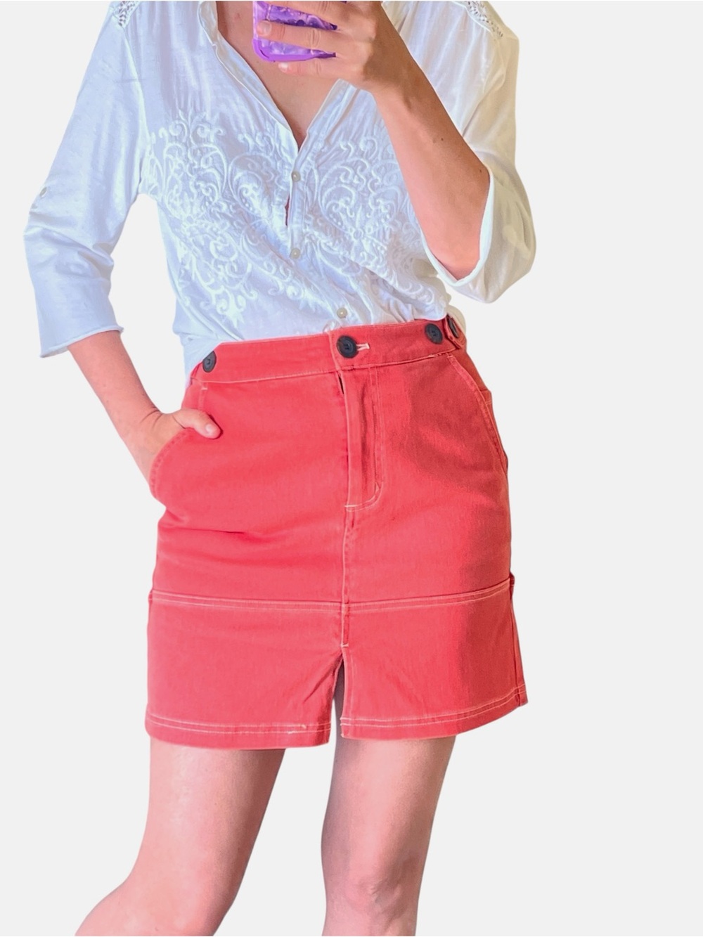 Wildfang the Essential Denim Work mini Skirt, coral color, stretchy waist